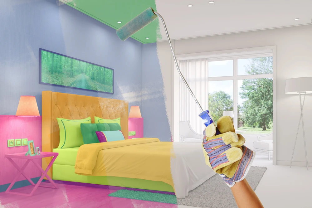 Main de peintre lors de la rénovation colorant un salon (Rendu 3D)