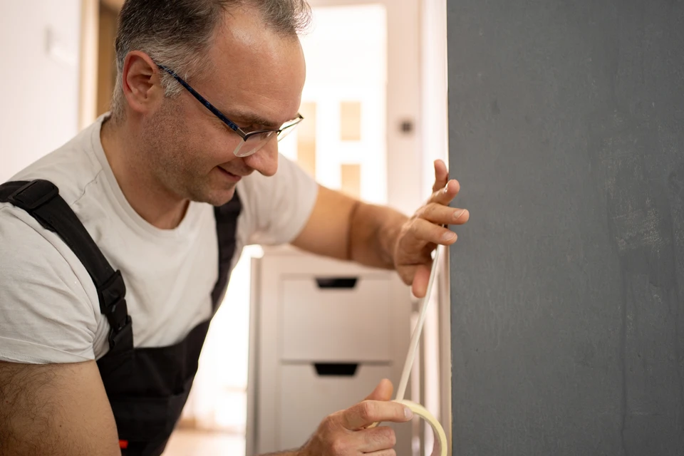 Sc&egrave;ne d'int&eacute;rieur sur fond neutre pr&eacute;sentant un pot de peinture ouvert avec pinceau pos&eacute; en travers