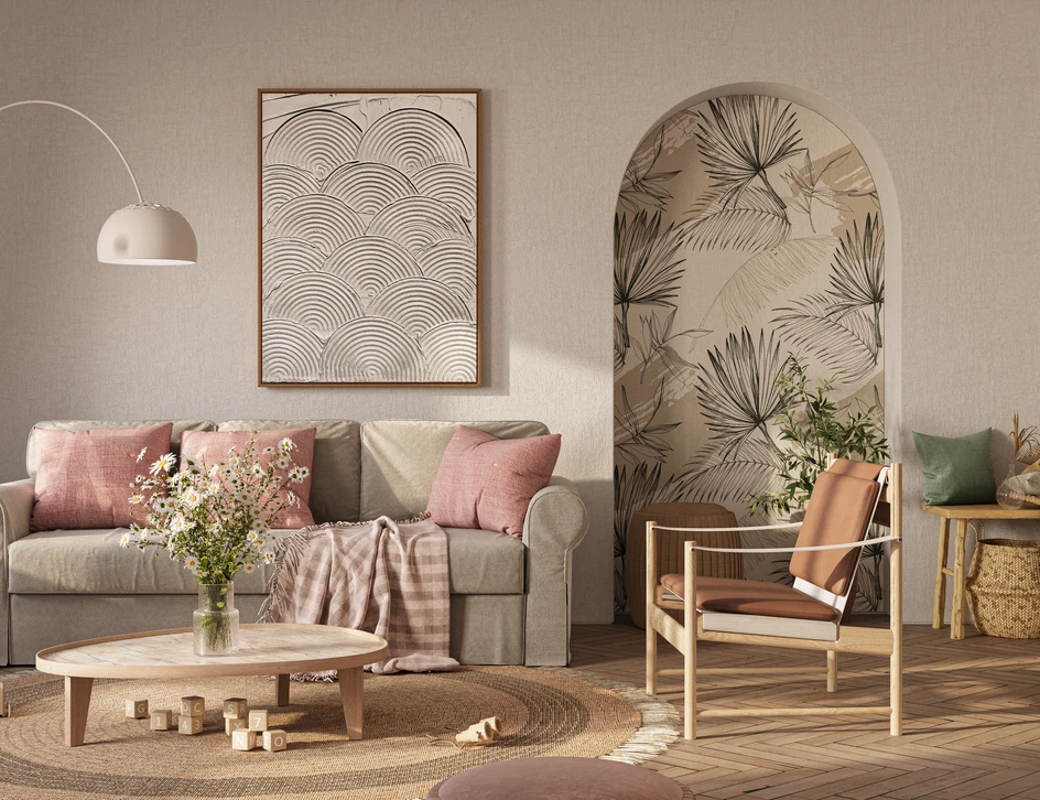 Table à manger, chaises noires, affiche jaune, plantes et porte-monnaie en bois de chauffage dans une salle moderne intérieure